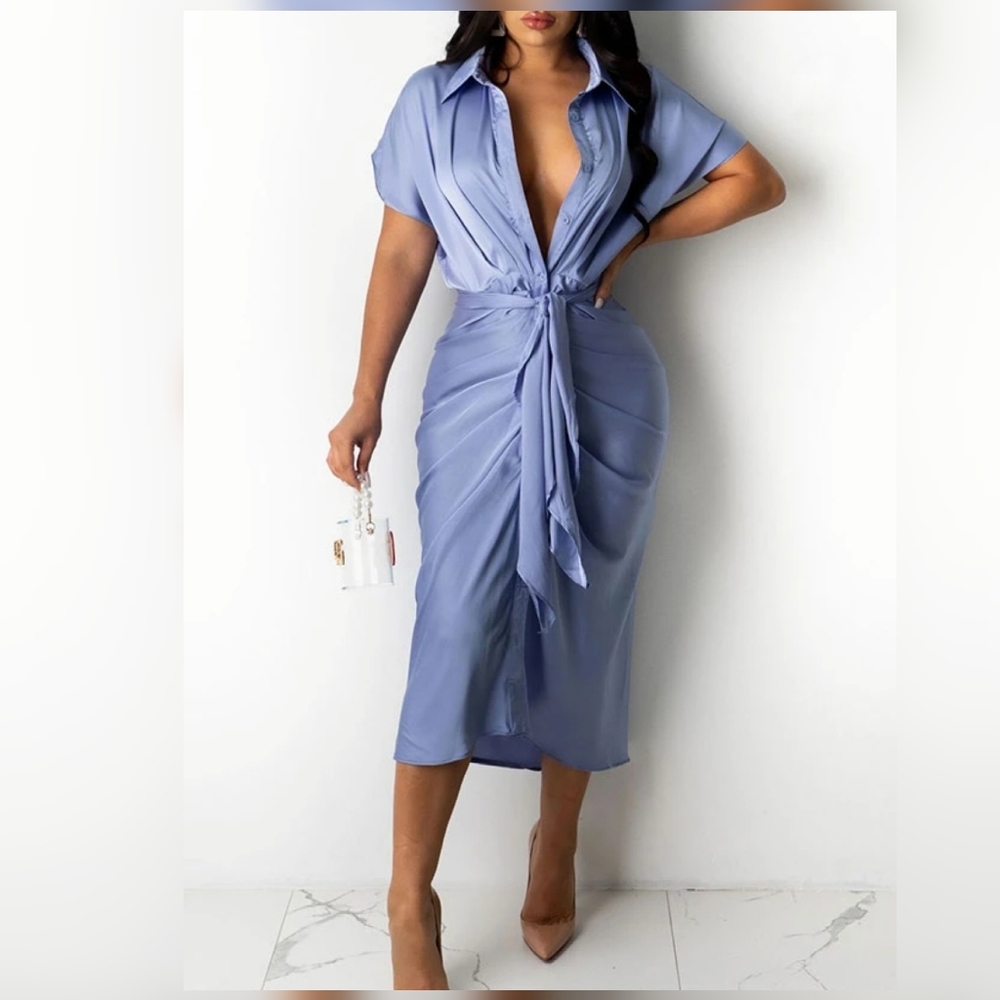Pretty Ruffle Midi Shirt Dress With Belt